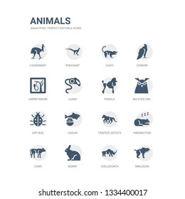 simple set of icons such as smilodon, coelodonta, bunny, cows, hibernation, trapeze artists, caviar, app bug, big eyes owl, poodle. related animals icons collection. editable 64x64 pixel perfect.