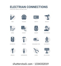 simple set of icons such as solar panel, pliers, screwdriver, wrench, electricity, measuring tape, hammer, voltmeter, electrician, dimmer. related electrian connections icons collection. editable