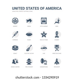 simple set of icons such as spaceship, gramophone, fire hydrant, grand canyon, director chair, cab, electric guitar, donut, cowboy, walk of fame. related united states of america icons collection.