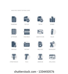 simple set of icons such as spellcheck, underline, italic, strikethrough, superscript, bold text, text box, new page, italics, insert picture. related ui icons collection. editable 64x64 pixel