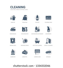 simple set of icons such as sponges, garden hose, serviette, dumpster, carpet cleaning, bathtub cleaning, washing dishes, baking soda, deodorizer, dishwashing detergent. related cleaning icons