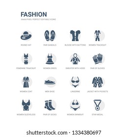 simple set of icons such as star medal, women swimsuit, pair of socks, women sleeveless shirt, jacket with pockets, lingerine, men shoe, women coat, pair of gloves, sweater with hood. related