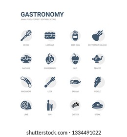 simple set of icons such as steak, oyster, gin, lime, pickle, salami, leek, macaroni, teapot, nut. related gastronomy icons collection. editable 64x64 pixel perfect.