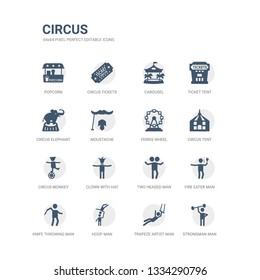 simple set of icons such as strongman man, trapeze artist man, hoop man, knife throwing fire eater two headed clown with hat, circus monkey, circus tent, ferris wheel. related circus icons