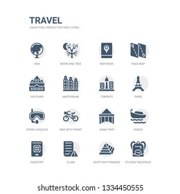 simple set of icons such as student backpack, egyptian pyramids, claim, passport, venice, jaima tent, bike with front basket, diving goggles, paris, toronto. related travel icons collection.