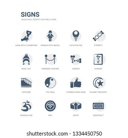 simple set of icons such as substract, entry, wifi, pranava om, islamic crescent with small star, thumbs down hand, yin yang, upstairs, chinese, gender. related signs icons collection. editable