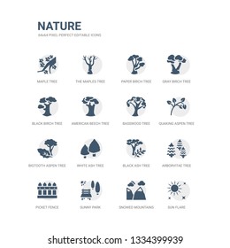 simple set of icons such as sun flare, snowed mountains, sunny park, picket fence, arborvitae tree, black ash tree, white ash tree, bigtooth aspen quaking aspen basswood related nature icons