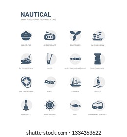 simple set of icons such as swimming glasses, bait, barometer, boat bell, buoys, frigate, knot, life preserver, nautical map, nautical monocular. related nautical icons collection. editable 64x64