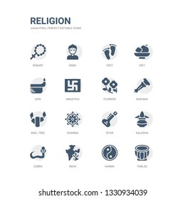 simple set of icons such as tablas, karma, india, cobra, kalasha, sitar, dharma, bael tree, shehnai, flowers. related religion icons collection. editable 64x64 pixel perfect.