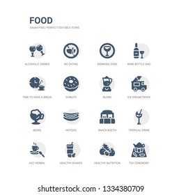 simple set of icons such as tea ceremony, healthy nutrition, healthy shakes, hot herbal, tropical drink, snack booth, hotdog, beers, ice cream truck, blend. related food icons collection. editable