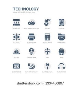 simple set of icons such as telemarketing, electrical plug, plug with circular cable, cassette tape, fryer, eolic, ecologic bulb, electric, file storage, calculations. related technology icons