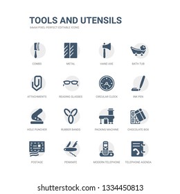 simple set of icons such as telephone agenda, modern telephone, penknife, postage, chocolate box, packing machine, rubber bands, hole puncher, ink pen, circular clock. related tools and utensils