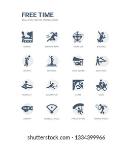 simple set of icons such as tennis racket, parachuting, baseball field, airship, quad, climb, badminton, workout, multitool, hang glider. related free time icons collection. editable 64x64 pixel