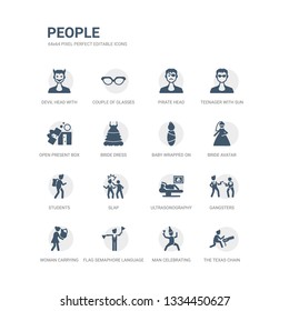 simple set of icons such as the texas chain saw massacre, man celebrating, flag semaphore language, woman carrying, gangsters, ultrasonography, slap, students, bride avatar, baby wrapped on