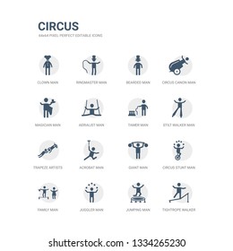 simple set of icons such as tightrope walker man, jumping man, juggler man, family circus stunt giant acrobat trapeze artists stilt walker tamer related circus icons collection. editable 64x64 pixel