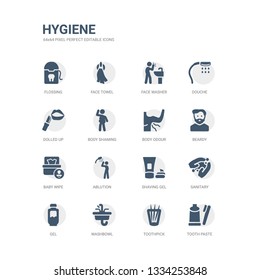 simple set of icons such as tooth paste, toothpick, washbowl, gel, sanitary, shaving gel, ablution, baby wipe, beardy, body odour. related hygiene icons collection. editable 64x64 pixel perfect.