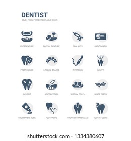 simple set of icons such as tooth filling, tooth with metallic root, toothache, toothpaste tube, white teeth, wisdom tooth, apicoectomy, bicuspid, cavity, intraoral. related dentist icons