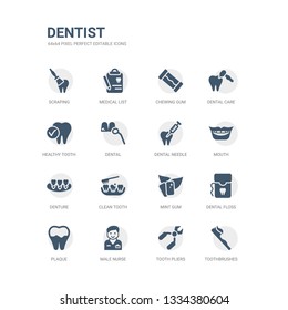 simple set of icons such as toothbrushes, tooth pliers, male nurse, plaque, dental floss, mint gum, clean tooth, denture, mouth, dental needle. related dentist icons collection. editable 64x64 pixel