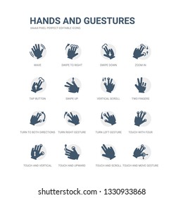 simple set of icons such as touch and move gesture, touch and scroll gesture, touch and upward slide, vertical sliding gesture, with four fingers, turn left turn right turn to both directions two