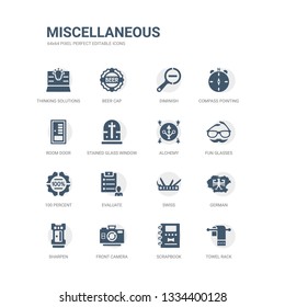 simple set of icons such as towel rack, scrapbook, front camera, sharpen, german, swiss, evaluate, 100 percent, fun glasses, alchemy. related miscellaneous icons collection. editable 64x64 pixel