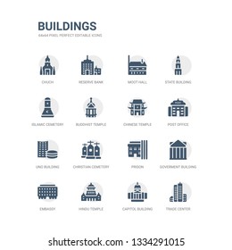 simple set of icons such as trade center, capitol building, hindu temple, embassy, goverment building, prison, christian cemetery, uno building, post office, chinese temple. related buildings icons