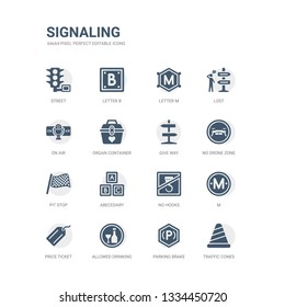 simple set of icons such as traffic cones, parking brake, allowed drinking, price ticket, m, no hooks, abecedary, pit stop, no drone zone, give way. related signaling icons collection. editable