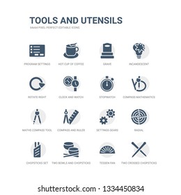 simple set of icons such as two crossed chopsticks from japan, tessen fan, two bowls and chopsticks, chopsticks set, radial, settings gears, compass and ruler for mathematics, maths compass tool,