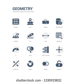 simple set of icons such as unlock, front, undo, stretch, extend, right align, join, o, ungroup, line. related geometry icons collection. editable 64x64 pixel perfect.