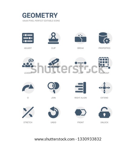 simple set of icons such as unlock, front, undo, stretch, extend, right align, join, o, ungroup, line. related geometry icons collection. editable 64x64 pixel perfect. Foto stock © 