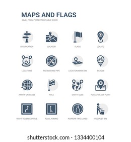 Simple Set Of Icons Such As Use Dust Bin, Narrow Two Lanes, Road Joining, Right Reverse Curve, Placeholder Point, Earth Gobe, Pole, Arrow On Globe, Bicycle, Location Mark On Printed Map. Related