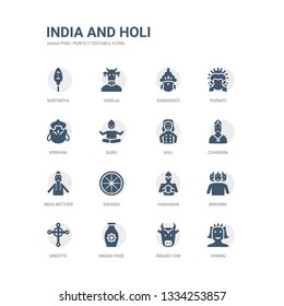 simple set of icons such as vishnu, indian cow, indian vase, gnostic, brahma, hanuman, ashoka, india mother, chandra, kali. related india and holi icons collection. editable 64x64 pixel perfect.