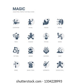 simple set of icons such as voodoo doll, acrobatic, magic trick, wand, dust, esoteric, smoke, fetters, runes, potion. related magic icons collection. editable 64x64 pixel perfect.