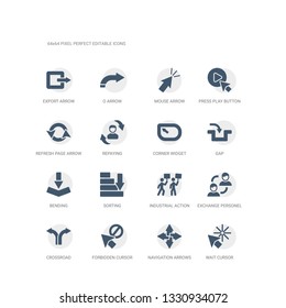 simple set of icons such as wait cursor, navigation arrows, forbidden cursor, crossroad, exchange personel, industrial action, sorting, bending, gap, corner widget. related ui icons collection.