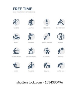 simple set of icons such as water gun, billiard, traveling, hiking, watches, rugby ball, skateboarding, wakeboarding, zorbing, bungee jumping. related free time icons collection. editable 64x64