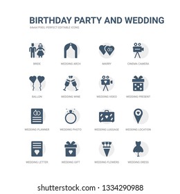 simple set of icons such as wedding dress, wedding flowers, wedding gift, letter, location, luggage, photo, planner, present, video. related birthday party and icons collection. editable 64x64 pixel