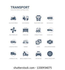 simple set of icons such as wheel vehicle part, car and key, media company truck with satellite, journalist van, zero emission badge, crate, tandem, logistics truck, black car, forklift truck.