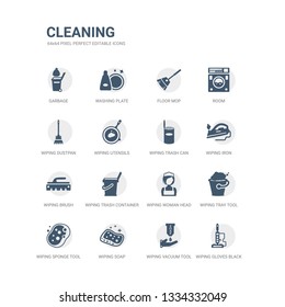 simple set of icons such as wiping gloves black pair, wiping vacuum tool, wiping soap, sponge tool, tray tool, woman head, trash container, brush, iron, trash can. related cleaning icons collection.