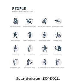 simple set of icons such as woman taking a photo, elegant man talking through phone, man pushing child, man making soap bubbles, waves danger, hugging, boy with balloon, chinese criminal heist,