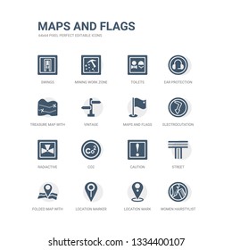 simple set of icons such as women hairstylist, location mark, location marker, folded map with position mark, street, caution, co2, radiactive, electrocutation danger, maps and flags. related maps