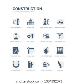 simple set of icons such as wood saw, derrick with ball, man painting, inclined magnet, derrick with box, five meters ruler, angle ruler, measures plan, pickaxes drilling, derrick with tong. related