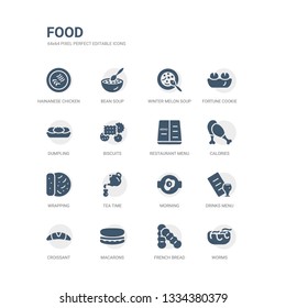 simple set of icons such as worms, french bread, macarons, croissant, drinks menu, morning, tea time, wrapping, calories, restaurant menu. related food icons collection. editable 64x64 pixel