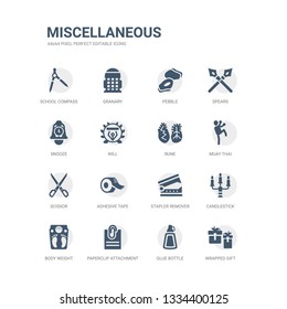 simple set of icons such as wrapped gift, glue bottle, paperclip attachment, body weight, candlestick, stapler remover, adhesive tape, scissor, muay thai, rune. related miscellaneous icons