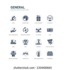 simple set of icons such as yearbook, fire estinguisher, binocular, bridge on avenue perspective, chef hat with a pencil, winning, win, sand, hob, balancer. related general icons collection.