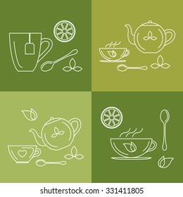 Simple set of icons and symbols with the theme of tea. Elements and icons in trendy linear style. Vector illustration. Tea utensils, cups, a teaspoon, a kettle for tea leaves, tea bags.