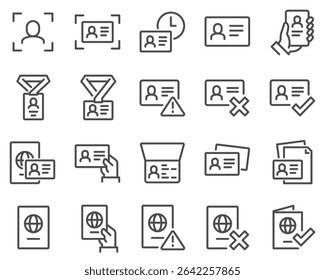 Simple Set of ID and Verification Related Vector Line Icons. Contains such Icons as Passport, Driving License, Legal documents and more.