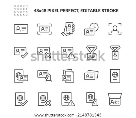 
Simple Set of ID and Verification Related Vector Line Icons. 
Contains such Icons as Passport, Driving License, Legal documents and more. Editable Stroke. 48x48 Pixel Perfect.