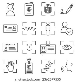 Simple Set of Identity Icons. biometric authorization, identification and verification symbols. Fingerprint recognition, eye and palm scanning, face and voice authentication.