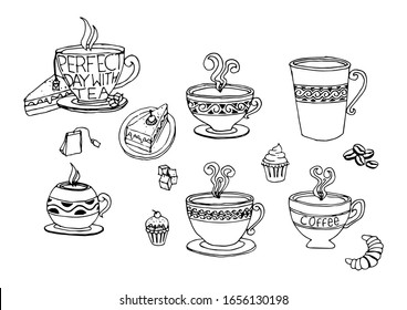 Simple set illustration and symbol of coffee and tea cups, black and white - coloring page.
