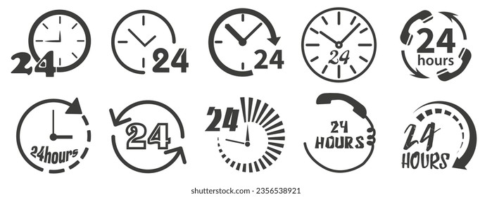 A simple set of illustrations of around the clock elements. Set of 24 7 vector icons. Icons of shops or delivery services. EPS 10.