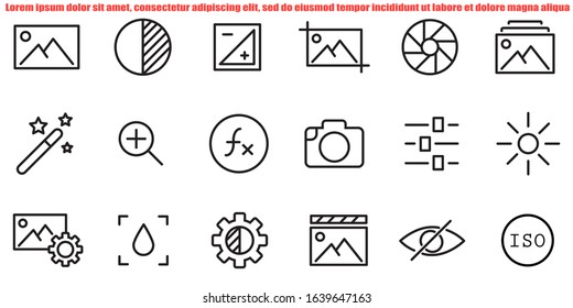 Simple Set of Image Editing Related Vector Line Icons. Contains such Icons as Image Gallery, Auto Correction, Adjustments and more. Editable